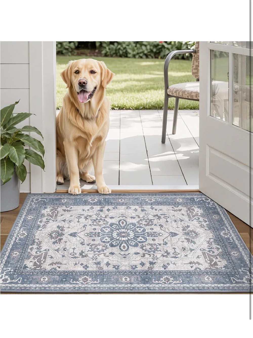 Lumi Blue Floral Medallion Patio/Mud Room Area Rug - Home Accents (washable)